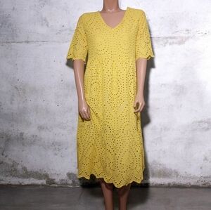 Elegant Yellow Eyelet Midi Dress
